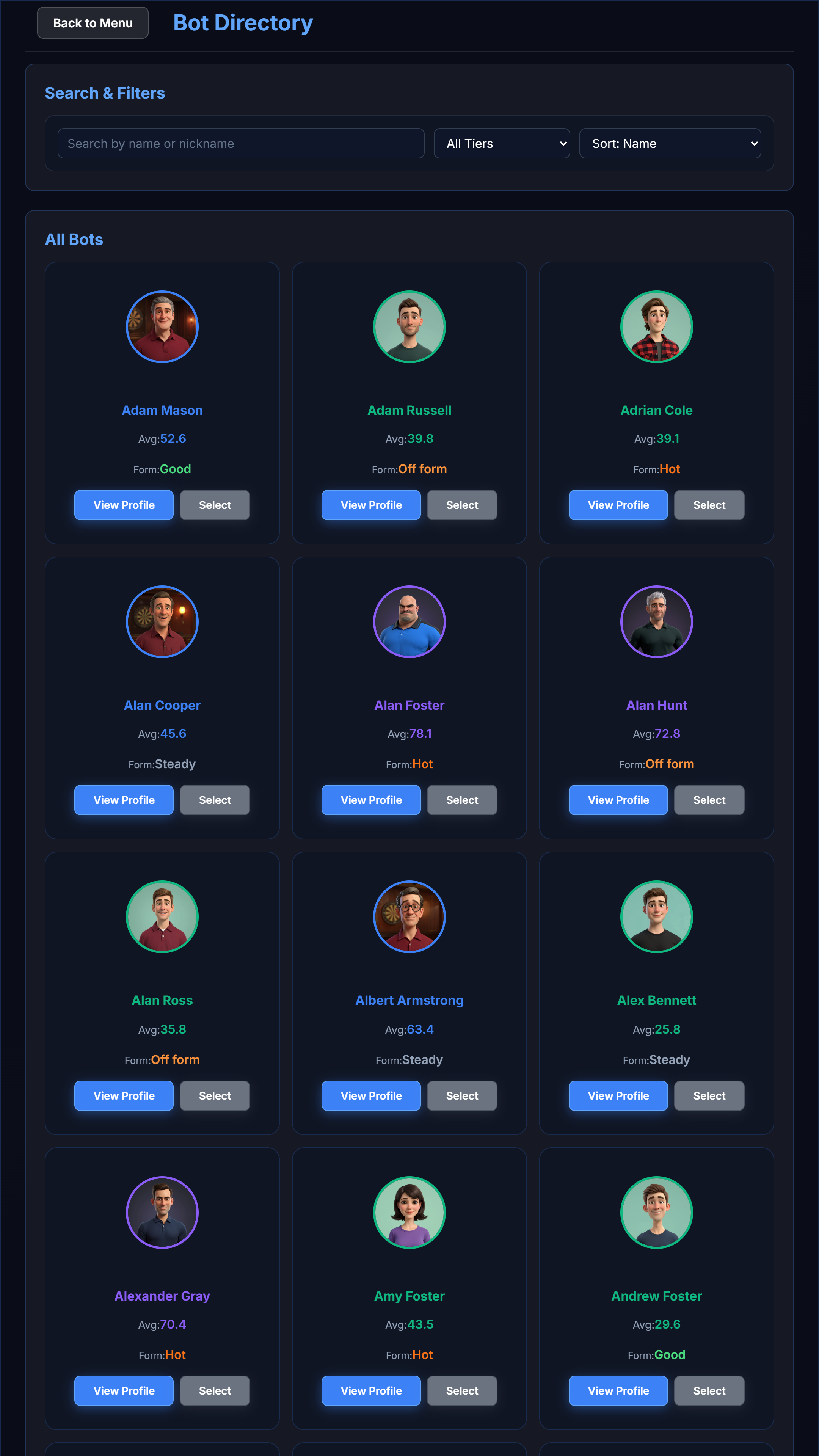 Bot directory showing opponents